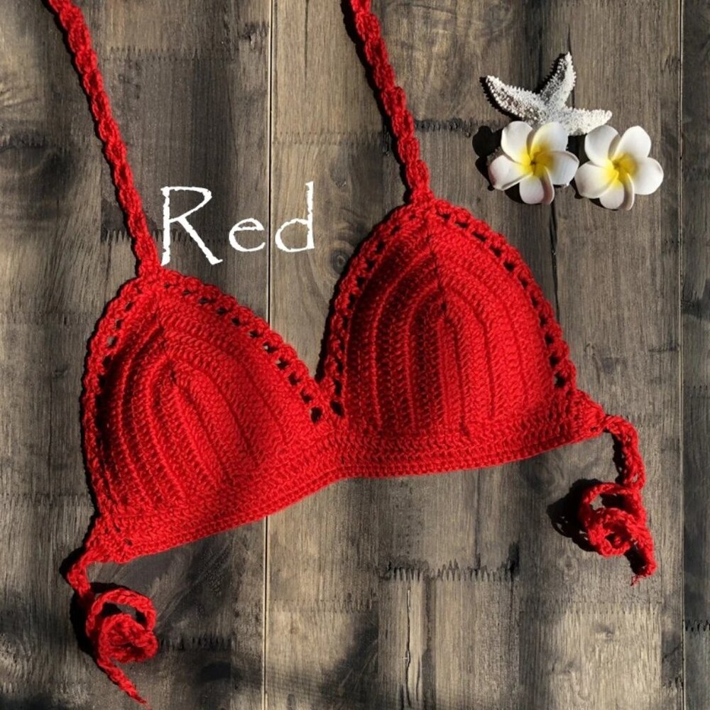 Red Handmade Crochet‎ Bikini Top Bra Halter Tie Swimwear Beach Boho S-XL
